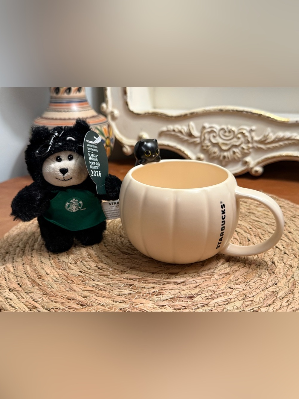 Starbucks Black Cat Bearista Charm w/ Starbucks Cream Pumpkin Mug ft. Black Cat